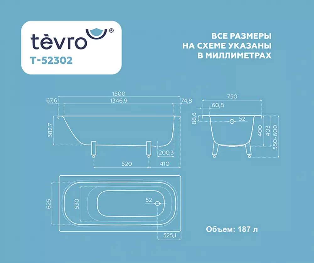 Ванна стальная Tevro Тонда 1500х750